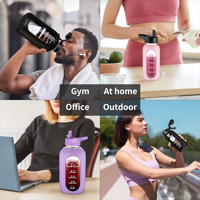 CIVAGO 32 oz Glass Water Bottle with Straw and Handle, Large Sports Motivational Water Bottle Flask with Time Marker, Leakproof Water Jug Canteen with Silicone Sleeve for Gym,Light Purple
