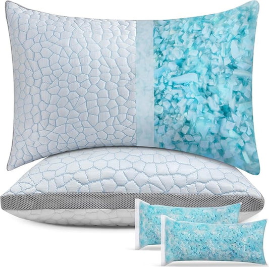 Adjustable Shredded Memory Foam Pillows, Cooling Pillows Standard Size Set of 2, Support Yet Soft Pillow Side Back Stomach Sleepers with Washable Removable Ice Silk Cover