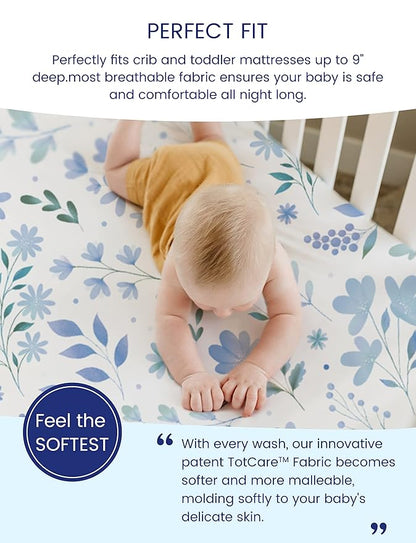 TotAha Premium Stretchy Crib Sheets (2-Pack)-Hypoallergenic, Silky Comfort, Buttery Soft, Calming Effect, All-Season Jersey-Knit Sheets, 28 X 52 X 9'' (Blue Flower & Small Floral)