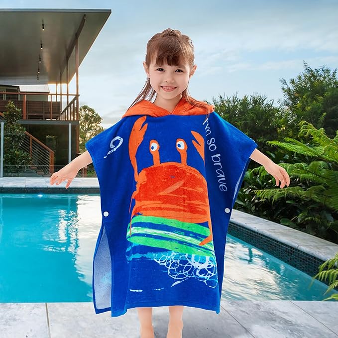 VOOVA & MOVAS Kids Towel Poncho with Hood (2-6Years) Cotton Poncho for Toddlers, Perfect for Swim | Surf | Shower | Birthday Gifts, Cape Crab Theme