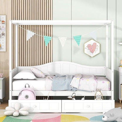 Twin Size Canopy Day Bed with 2 Drawers, White Finish, Sturdy Pine Wood and MDF, Built in Backrest, Space-Saving Design, Fits Curtains and Decorations,77.6"x 41.3"x66.1"