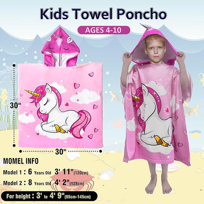 Hooded Kids Beach Towels - Toddler Bath Towel Girls Boys Swim Cover-ups for Ages 4 to 10 Kids Pool Towels Quick Dry Lightweight Soft Microfiber Poncho 30x30 with Bag (Pink Unicorn)