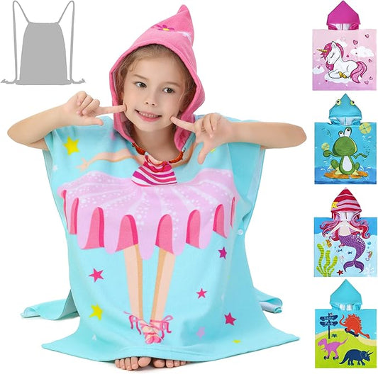 Lightweight Microfiber Hooded Beach Towel for Kids, Toddlers Bath/Pool/Swim Poncho Cover-ups Swimwear (3D Ballet with bag)