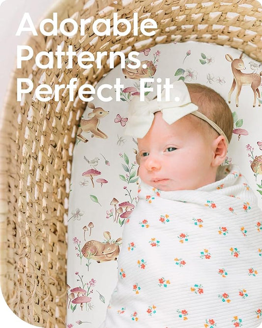 Bassinet Sheets for Baby Boy Girl, TotBasic Buttery Soft Universal Bassinet Fitted Sheet, Compatible with Halo, Mika Micky, Baby Delight, Dream On Me, Maxi COSI and More Bassinet Mattress(Forest)