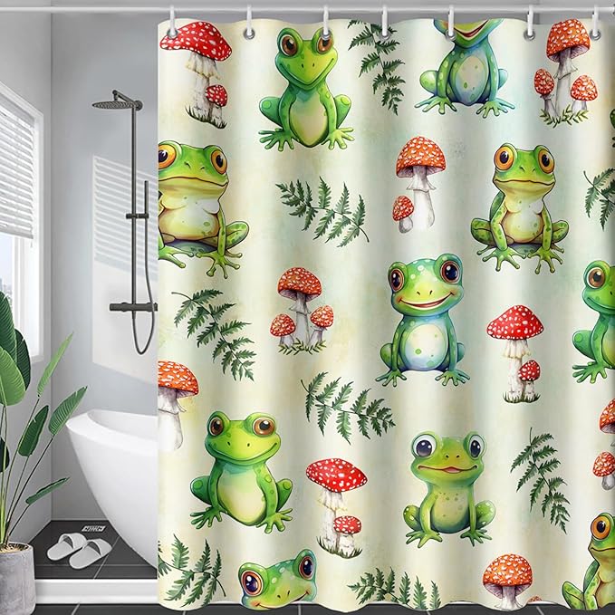 AILONEN Cute Frog Shower Curtain for Bathroom, Mushroom and Frog Bath Curtain,Amphibians Fungus Printed Waterproof Curtain with 12 Plastic Hooks,Green 48" W*72" H