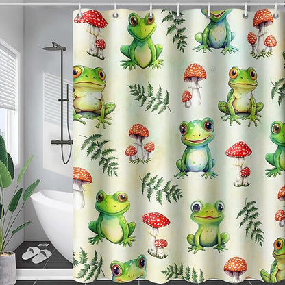 AILONEN Cute Frog Shower Curtain for Bathroom, Mushroom and Frog Bath Curtain,Amphibians Fungus Printed Waterproof Curtain with 12 Plastic Hooks,Green 48" W*72" H