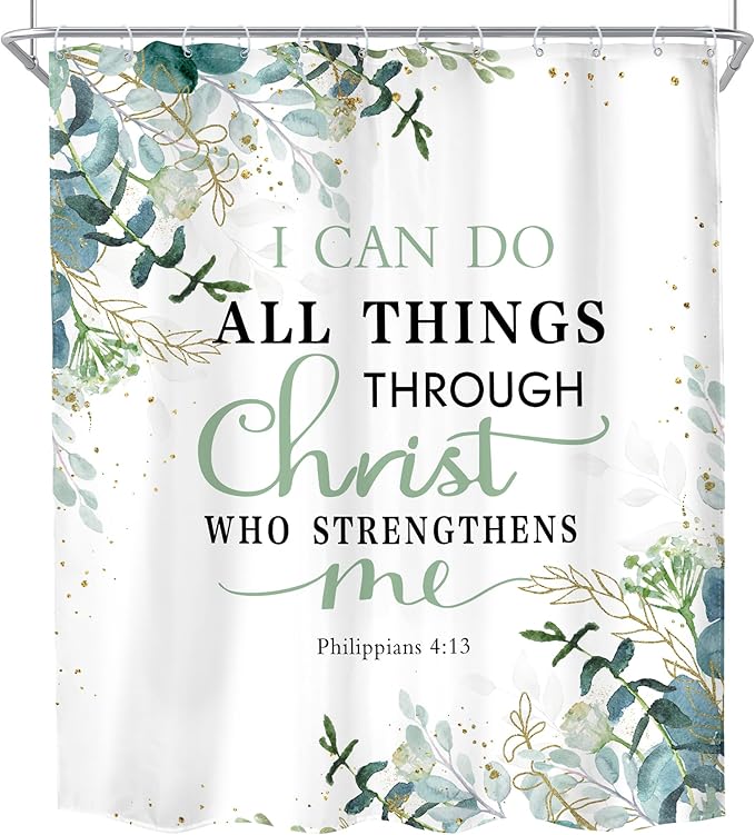 MESHELLY Green Christian Shower Curtain 60Wx72H Inspirational Shower Curtain Rustic Eucalyptus Bible Verses Quotes Bathroom Curtain for Women Scriptures Leaves Bathroom Decor Fabric with 12 Hooks