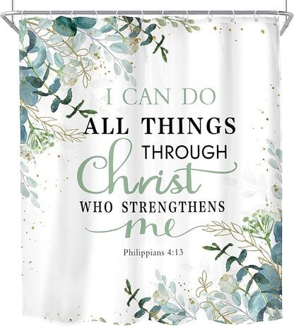 MESHELLY Green Christian Shower Curtain 60Wx72H Inspirational Shower Curtain Rustic Eucalyptus Bible Verses Quotes Bathroom Curtain for Women Scriptures Leaves Bathroom Decor Fabric with 12 Hooks
