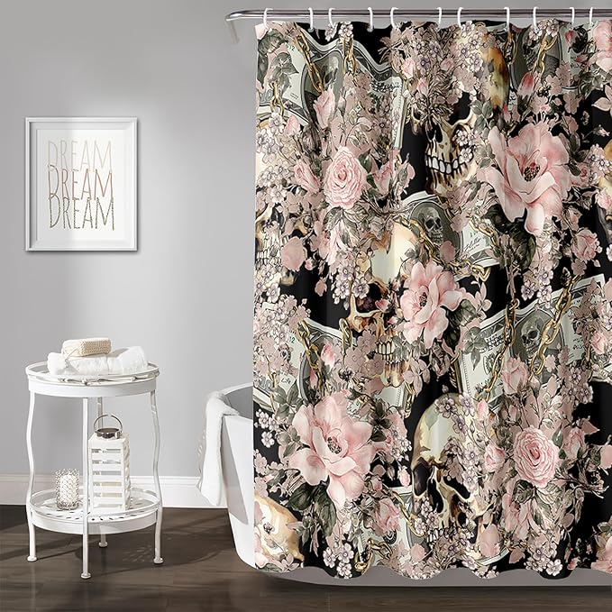 AILONEN Sugar Skull Shower Curtain for Bathroom,Romantic Rose Flower Bath Curtain for Girls Women,Money Skull Skeleton Print Waterproof Curtain with 12 Plastic Hooks, 48" W*72" H