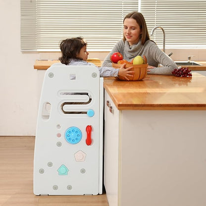 SDADI Multifunctional Toddler Tower with Double Safety Rails - Adjustable & Non-Slip for Kitchen and Bathroom Use - Montessori Step Stool for Kids, Beige and Baby Blue