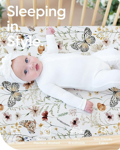 Crib Sheets for Boy Girl, Premium Soft Butterfly Crib Mattress Fitted Sheet, Ultra Breathable Baby Sheets, Super Stretchy Baby Bed Sheets 28''x52''x9'' Extra Deep Pocket, 2 Pack