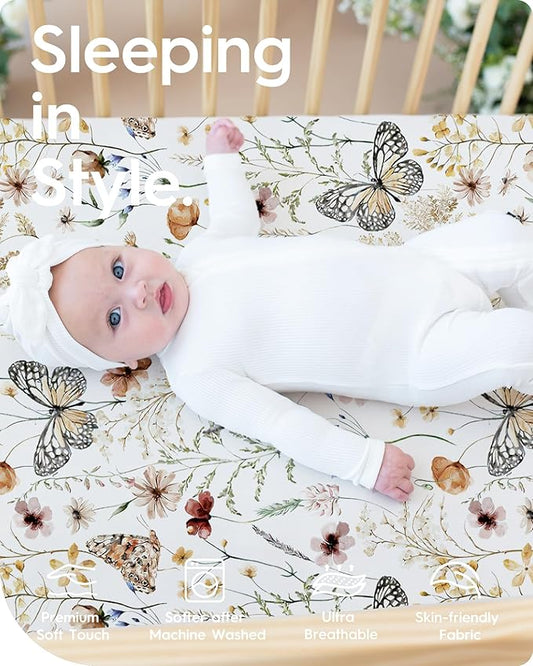 Crib Sheets for Boy Girl, Premium Soft Butterfly Crib Mattress Fitted Sheet, Ultra Breathable Baby Sheets, Super Stretchy Baby Bed Sheets 28''x52''x9'' Extra Deep Pocket, 2 Pack