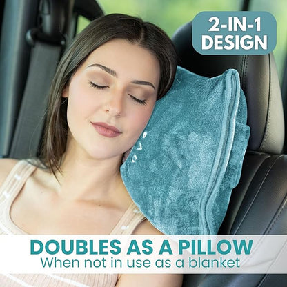 Resty Travel Blanket - Compact Airplane Blanket with Bag - Small and Lightweight Traveling Blanket & Pillow - Portable Blankets with Carabiner for Easy Transport - Plane Train Car (Baby Blue)