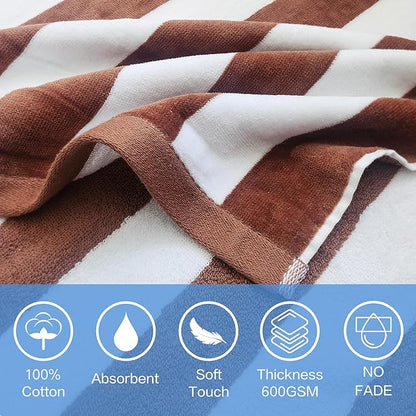 VOOVA & MOVAS Big Kids Poncho Towel with Hood - Teens Hooded Pool Towel Robe (8-16Years), Large and Absorbent Cotton - Versatile for Beach, Pool, Swim, and Bath, Brown Cabana Stripe