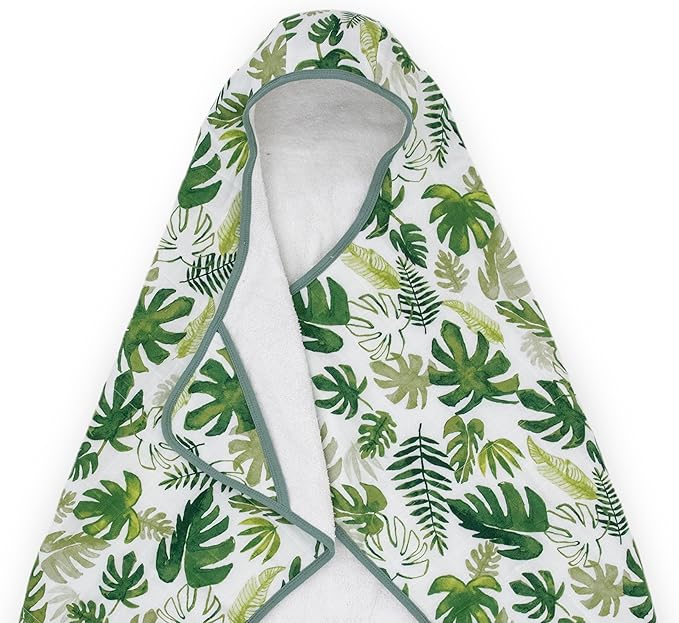 Little Unicorn Cotton Muslin & Terry Hooded Towel, Larger Size 1-6 Years (Tropical Leaf)