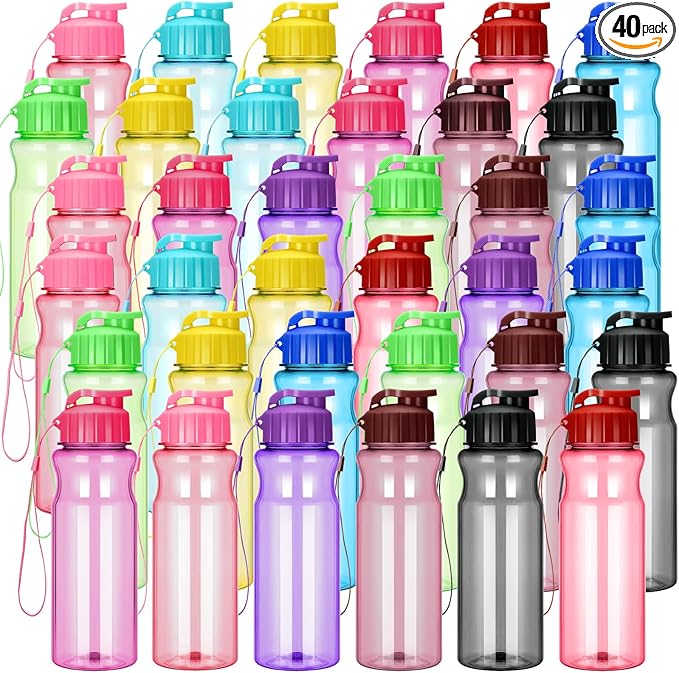Tioncy 40 Pieces Water Bottles Bulk 17 oz Plastic Sport Drink Bottles with Handle Strap Lightweight Leakproof Reusable Leak Proof Travel Bottles for Fitness Gym(Cute Colors)