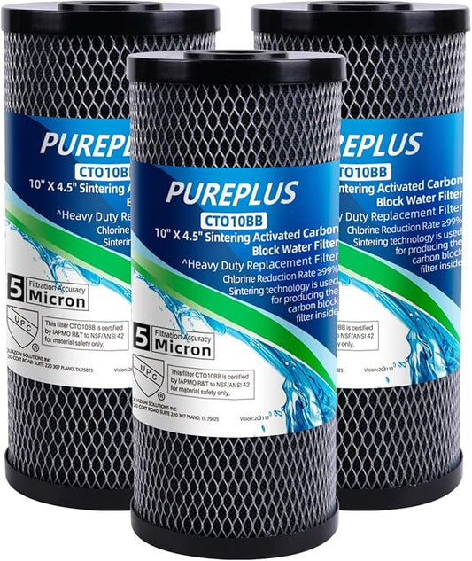 PUREPLUS Coconut Shell Water Filter Cartridge | Activated Carbon Block CTO | Universal Whole House 5 Micron 10 inch Cartridge | Compatible with WFHDC8001, CB-BB-10, EPM, EP-BB, 3Pack