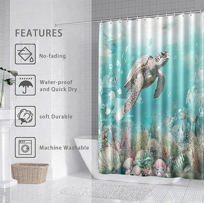 Sea Turtle Shower Curtain for Bathroom Ocean Beach Shower Curtain Set with 12 Hooks (Sea Turtle, 72" x 72")