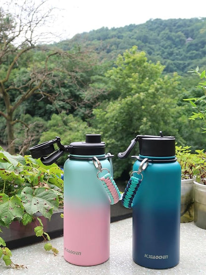 32 oz Insulated Water Bottle with Paracord Handles & Strap, 2 Lids(Straw Lid&Spout Lid), Stainless Steel Reusable Wide Mouth Metal Water Bottle With Straw, Double Walled, Thermo Mug(Rubber Pink)