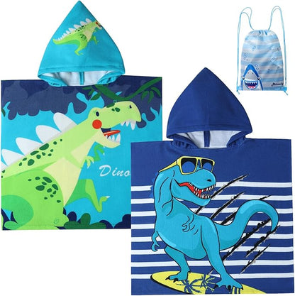 Kids Dino Theme Wearable Beach Towels Bath Beach Pool Travel Camping Towel Poncho for 1-6 Years Old Toddlers and Kids Dinosaur 2Pcs
