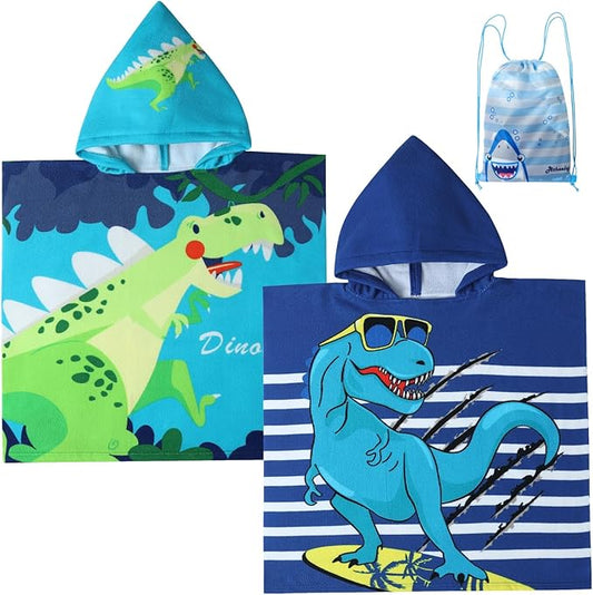 Kids Dino Theme Wearable Beach Towels Bath Beach Pool Travel Camping Towel Poncho for 1-6 Years Old Toddlers and Kids Dinosaur 2Pcs