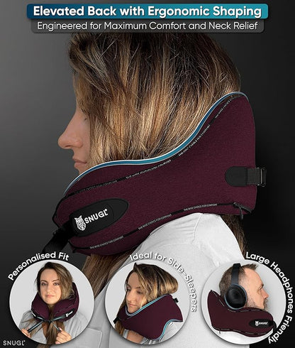 SNUGL Neck Travel Pillow - Memory Foam Airplane Pillow - Flight Pillow | Neck Support Travel Pillow with Carry Bag & Clip | Neck Pillows for Sleeping Travel Plane | Flying Travel Essentials - Dark Red