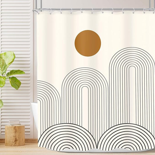 MESHELLY Boho Mid Century Shower Curtain 60Wx72H Abstract Modern Sun Minimalist Arch Simple Geometric Bathroom Curtain Beige Brown Bath Curtain Cloth Fabric Bathroom Accessories Decor with 12 Hooks