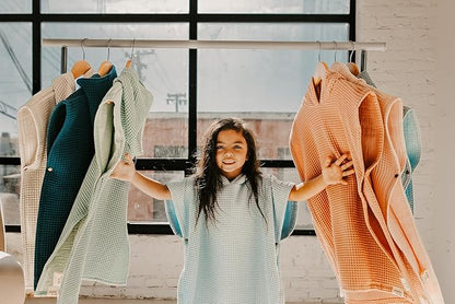 Hooded Towel for Kids | Snaps into a Poncho | Organic Cotton Waffle | Lightweight and Absorbent | Bath, Beach, and Pool | Multiple Colors | (Large (6-10 Yrs), Lagoon)