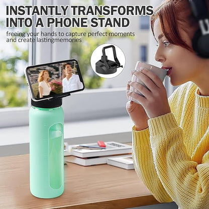 Glass Water Bottles with Straw -32oz- Water Bottle Phone Holder for Gym Large Motivational Water Bottle with Time Marker Glass Drinking Bottles 2 Lids - Spout & Bamboo Straw Lid(Mint Green)