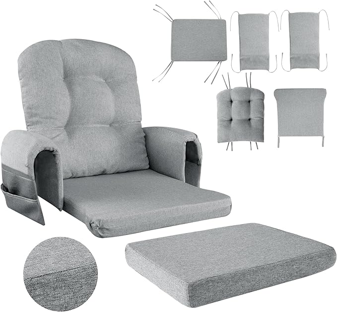 HOMBYS 5 PCS Glider Rocker Replacement Cushions with Storage Side Pocket,Linen-Like Fabric, Foam & Microfiber Filling, Non-Slip & Washable,Thickened & Supportive for Glider Rocking Chair, Grey