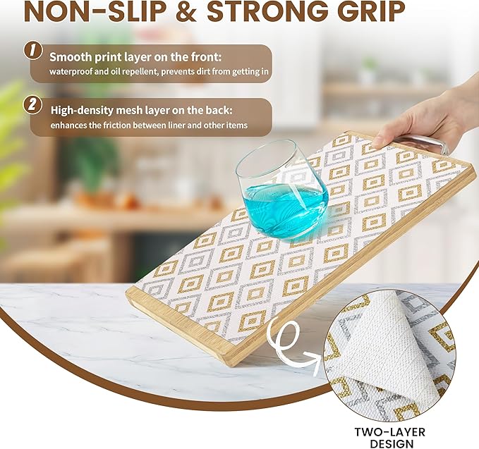 Shelf Liners for Kitchen Cabinets 24in X 20FT, Non Adhesive Cabinet Liner Strong Non-Slip Thickened Gold Geometric Drawer Liner, Washable liner Easy to Clean for Shelf