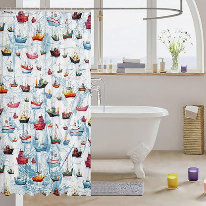 Feelyou Sailboat Printed Shower Curtain 72"x78" Kids Nautical Decor Bathroom Shower Curtain Set for Boys Girls Teens Ocean Marine Themed Bath Curtain Sea Adventure Bathroom Accessories