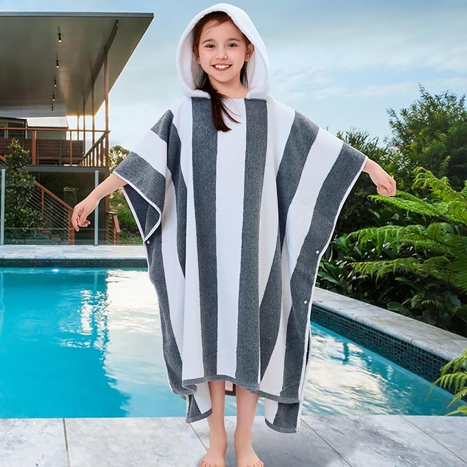 VOOVA & MOVAS Quick Dry Hooded Poncho Towel for Teens (8-16Years), 100% Cotton Thick Poncho Towel Robe for Kids | Boys, Perfect for Pool, Beach, Bath and Gifts, Gray White Stripe