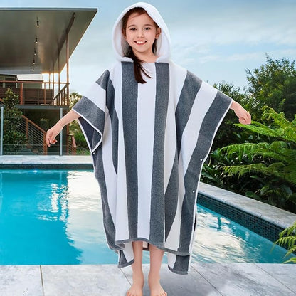 VOOVA & MOVAS Quick Dry Hooded Poncho Towel for Teens (8-16Years), 100% Cotton Thick Poncho Towel Robe for Kids | Boys, Perfect for Pool, Beach, Bath and Gifts, Gray White Stripe