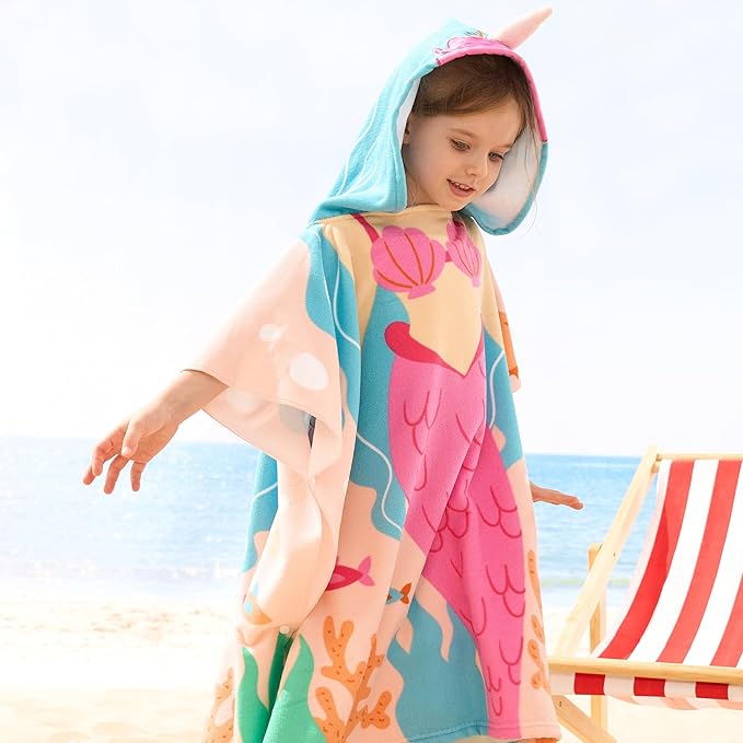Joiedomi Kids Beach Towel - Mermaid Hooded Bath Towel - for Boys Girls 3-10 Years 30" x 30" - Toddler Soft Absorbent Swim Pool Towel- Quick Dry Microfiber Surf Poncho