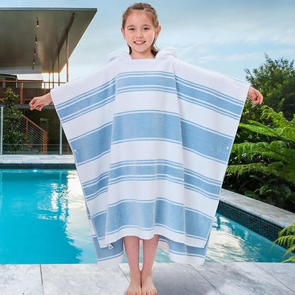 VOOVA & MOVAS Hooded Poncho Towels for Big Kids Boys (8-16Years), 100% Cotton Thick Poncho Towel Robe for Kids, Perfect for Pool, Beach, Bath and Gifts, Blue White Stripe