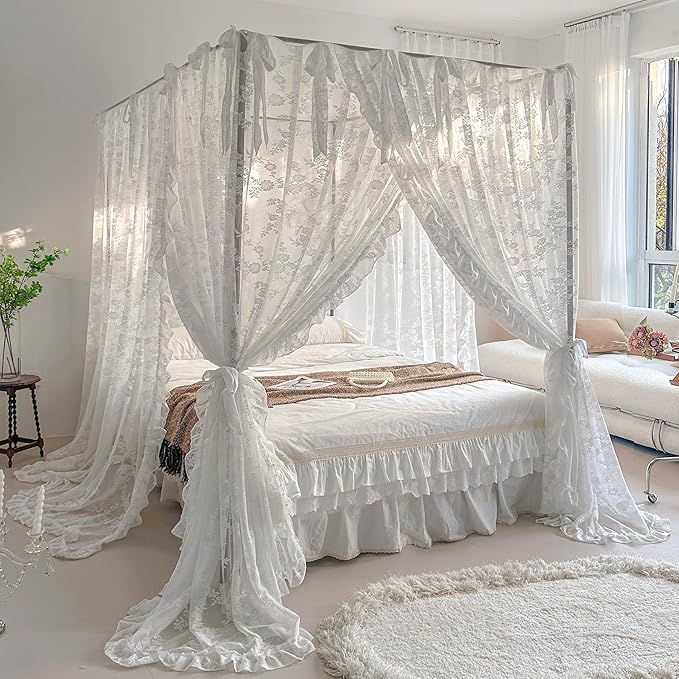 Mengersi Canopy Bed Curtains with Tie Backs,Bed Canopy Curtains Bed Drapes Sheer Curtains for Bedroom Decor（King,White