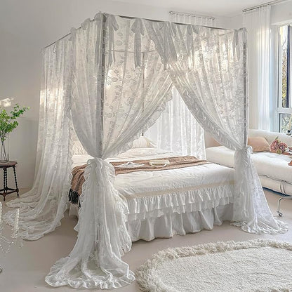 Mengersi Canopy Bed Curtains with Tie Backs,Bed Canopy Curtains Bed Drapes Sheer Curtains for Bedroom Decor（King,White