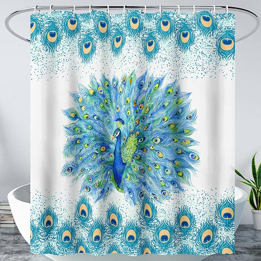 AILONEN Peacock Shower Curtain for Girls,Beautiful Green Peacock Bath Curtain for Kids Women,Peacock Feather Print Waterproof Shower Curtain for Bathroom Decor with 12 Plastic Hooks, 48" W*72" H