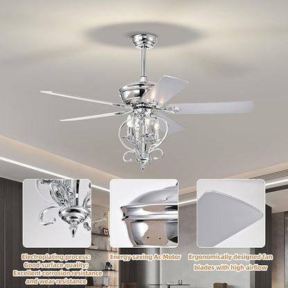 NicBex Ceiling Fan 52 Inch Ceiling Fan with Lights Industrial Ceiling Fans with 5 Blades and Remote Control Ceiling Fan with Small Lamp Shade for Bedroom, Living Room, Silver