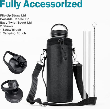 BUZIO Water Bottle with Straw lid, Spout Lid, Hand Lid and Carrying Pouch, 32oz 40oz 64oz Stainless Steel Water Flask Jug, Cold for 48 Hrs Hot for 24 Hrs Double Vacuum Thermo Canteen Mug, BPA-Free