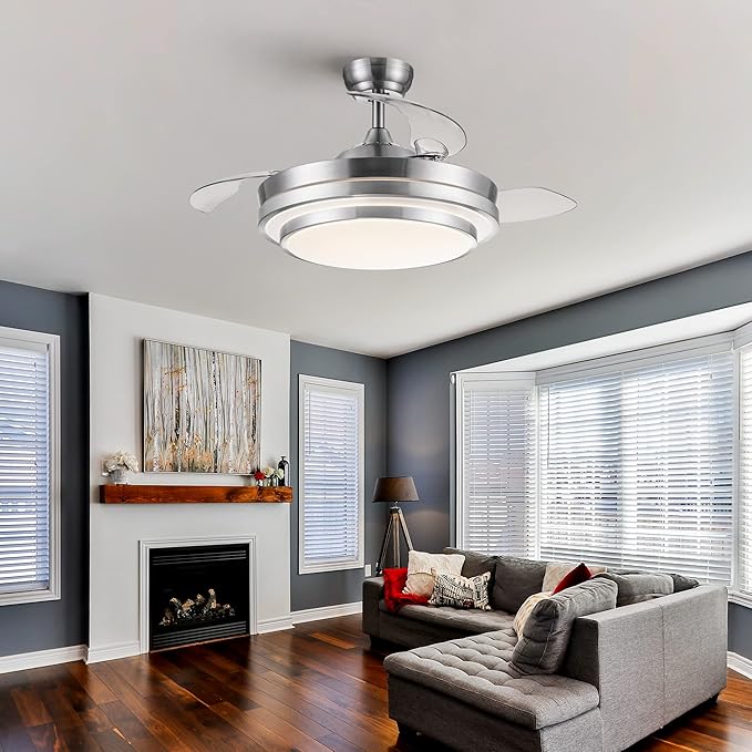 NicBex Ceiling Fan 42 Inch Ceiling Fan with Lights Ceiling Fans with Remote Control and 3 Retractable Blades Ceiling Fan with 6 Gear Wind Speed for Bedroom, Living Room, Silver White