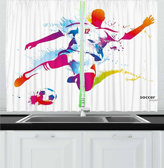 Ambesonne Sports Kitchen Curtains, Soccer Proffesional Player Kicks Ball Watercolor Style Spray Championship Image, Window Drapes 2 Panel Set for Kitchen Cafe Decor, 55" x 30", Orange Magenta