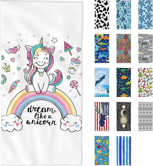 Microfiber Beach Towel, Cute Dream Unicorn on a Rainbow Beach Towels for Women Men, Extra Large 29.5” X 59”, Quick Drying Lightweight Sand Free Bath Swim Towel