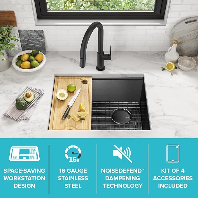 KRAUS Kore 23 Inch Drop-In Undermount Workstation 16 Gauge Stainless Steel Single Bowl Kitchen Sink n PVD Gunmetal Finish with Accessories, KWU1111-23-PGM