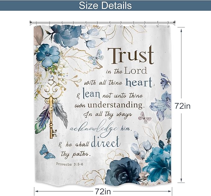MESHELLY Teal Floral Christian Shower Curtain 72Wx72H Rustic Blue Flower Bathroom Curtain Bible Verse Inspirational Quote Bath Curtain Cloth Fabric Scriptures Bathroom Accessories Decor with 12 Hooks