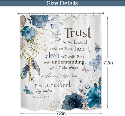 MESHELLY Teal Floral Christian Shower Curtain 72Wx72H Rustic Blue Flower Bathroom Curtain Bible Verse Inspirational Quote Bath Curtain Cloth Fabric Scriptures Bathroom Accessories Decor with 12 Hooks