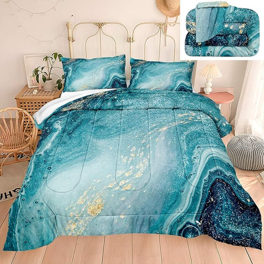 Bedbay Blue Marble Comforter King Size Blue and Gold Marble Bedding Set for Women Adults Western Bedroom Decor Aesthetic Watercolor Marble Quilt Set 4 Pcs Soft Microfiber Duvet Set (Blue,King)