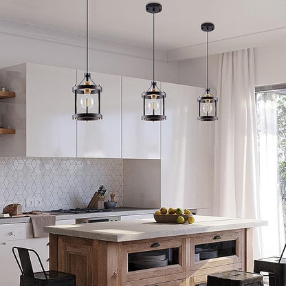 MO&OK Chandelier Set of 3 Vintage Pendant Light Fixture, Black Farmhouse Wooden Metal Chandeliers, Open Frame Hanging Lighting for Diningroom,Bar,Entrance Hall,Kitchen Island Living Room