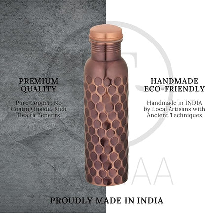Pure Copper Water Bottle - 32 oz - Indian Handmade Ayurveda Healing Benefit Drinking Water Bottle for Travel, Hiking, Gym, Office, Outdoor - Antique Finish